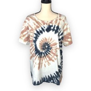 Spiral Tie-Dye Tee Shirt Tan Navy Blue Oversized Relaxed Crewneck Casual Soft